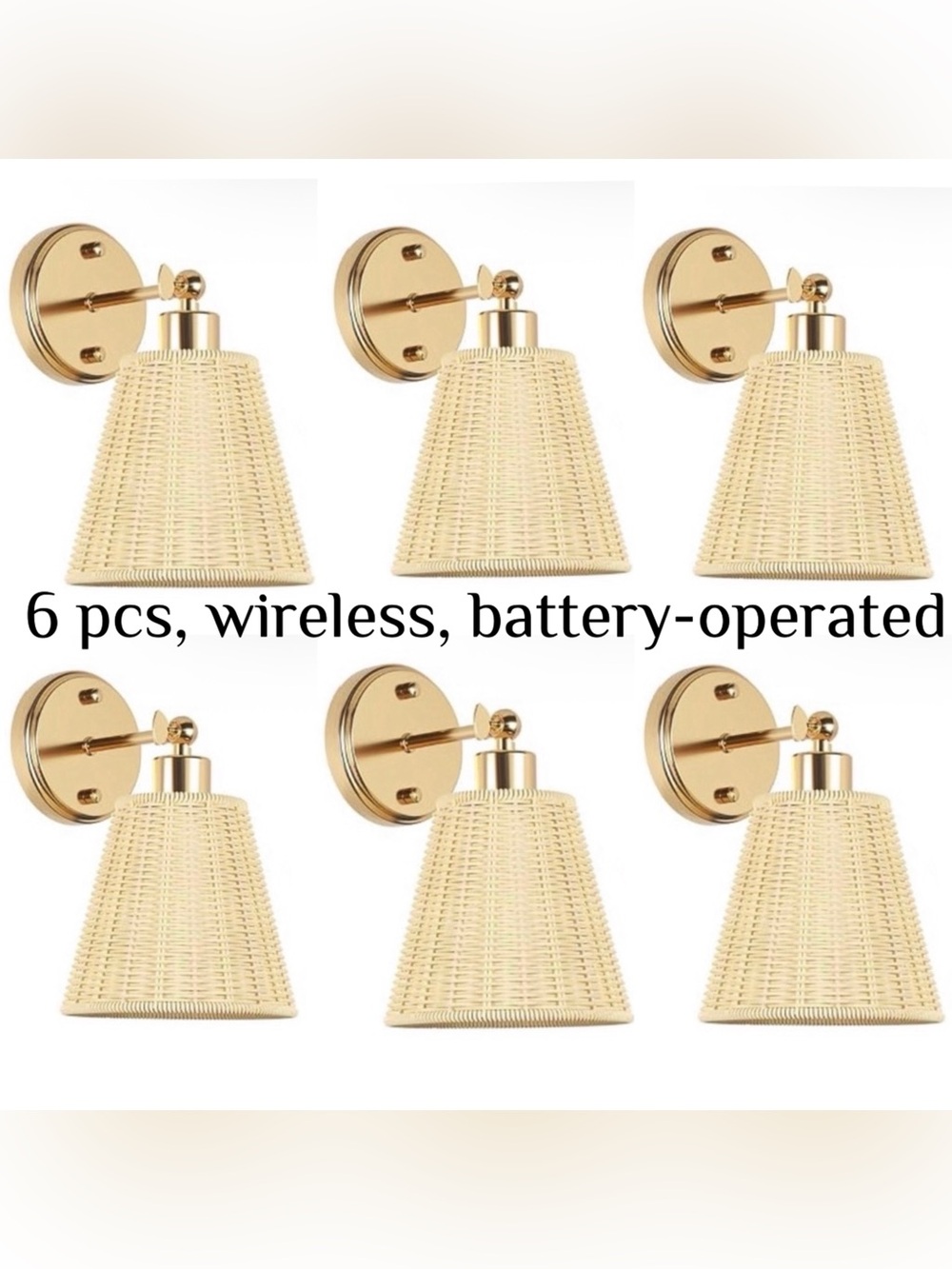 Set of 6 Boho Rattan No Wiring Swing Arms Wireless Lamps with woven lampshades